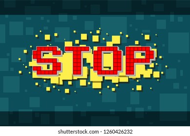 Red pixel retro stop navigation button for video games, web design. On yellow background with square. Vector icon.