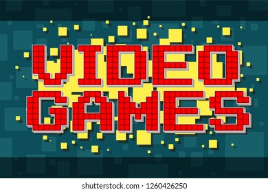 Red pixel retro text navigation button for video games, web design. On yellow background with square. Vector icon. Vol. 1