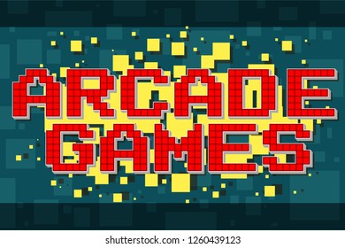 Red pixel retro text navigation button for video games, web design. On yellow background with square. Vector icon. Vol. 8