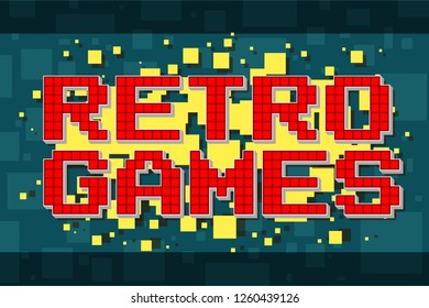 Red pixel retro text navigation button for video games, web design. On yellow background with square. Vector icon. Vol. 6