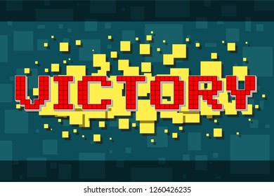 Red pixel retro victory navigation button for video games, web design. On yellow background with square. Vector icon