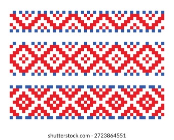 Vermelho pixel rômbica bordas ornamentos repetidos definidos, padrões de bordados tradicionais da Ucrânia