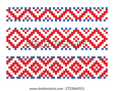 Red pixel rhombic borders repeated ornaments set, traditional embroidery patterns from Ukraine