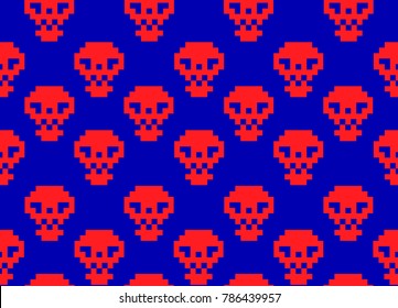 Red pixel skulls on Blue Screen of Death. Retro pixel art seamless pattern. Old video games icons set.