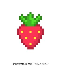 Red pixel strawberry. Sweet berry with yellow seeds and green tail. Natural summer dessert and 8bit vector game element
