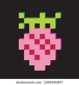 Red pixel strawberry. Sweet berry with yellow seeds and green tail. Natural summer dessert and 8bit vector game element