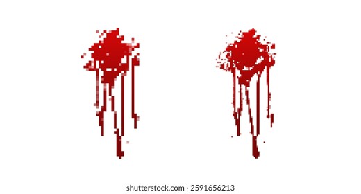 Red pixel style blood splatter with long dripping streaks, creating a horror and gore-inspired aesthetic. Perfect for retro games, dark-themed art, or spooky visuals.