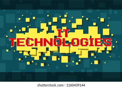 Red pixel technologies button for video games, web design. On yellow background with square. Vector icon.