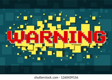 Red pixel warning button for video games, web design. On yellow background with square. Vector icon.