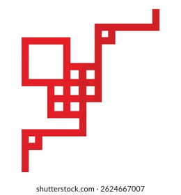 Forma abstrata de pixelização vermelha formando um padrão dinâmico sobre um fundo branco