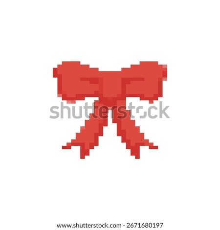 Red pixelated bow featuring ribbons, showcasing a mosaic style with a retro, nostalgic look.