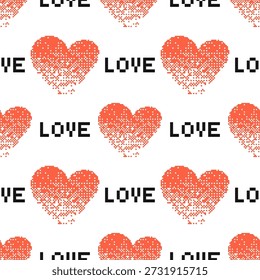 Patrón sin fisuras de corazón pixelado rojo con textura de semitono de mapa de bits con tipografía de amor. Ilustración de estilo retro moderno para diseño romántico, textil, papel de regalo, carteles y decoración digital