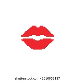 Red pixelated lips in retro digital style. Minimalistic red lips icon in pixel art design.