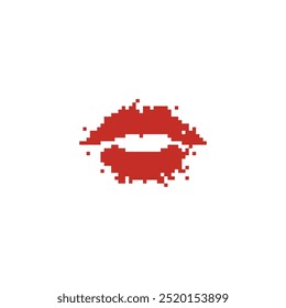 Red pixelated lips in retro digital style. Minimalistic red lips icon in pixel art design.