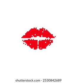 Red pixelated lips in retro digital style. Minimalistic red lips icon in pixel art design.