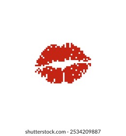 Red pixelated lips in retro digital style. Minimalistic red lips icon in pixel art design.