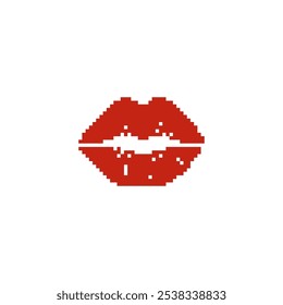 Red pixelated lips in retro digital style. Minimalistic red lips icon in pixel art design.