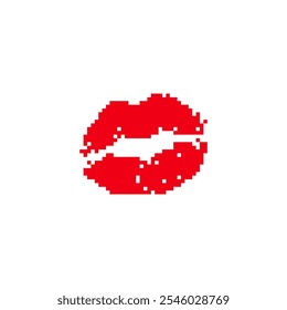 Red pixelated lips in retro digital style. Minimalistic red lips icon in pixel art design.