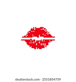 Red pixelated lips in retro digital style. Minimalistic red lips icon in pixel art design.