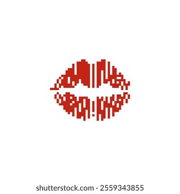 Red pixelated lips in retro digital style. Minimalistic red lips icon in pixel art design.