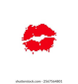 Red pixelated lips in retro digital style. Minimalistic red lips icon in pixel art design.