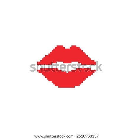 Red pixelated lips in retro digital style. Minimalistic red lips icon in pixel art design.