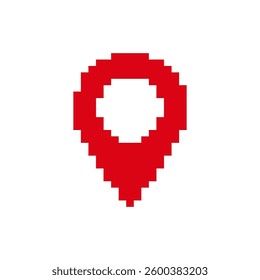 Red pixelated map pin icon representing digital location marking and navigation in apps.