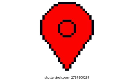 A red pixelated map pin icon with a black outline and a circular cutout in the center, isolated on white background