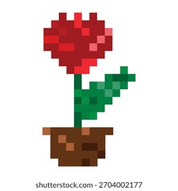 Red pixelated tulip with a green stem and leaves. 90s retro style.