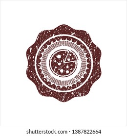 Red pizza icon inside distressed rubber stamp with grunge texture