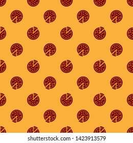 Red Pizza icon isolated seamless pattern on brown background. Vector Illustration