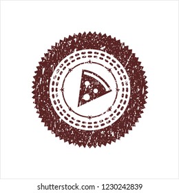 Red pizza slice icon inside distressed rubber grunge texture stamp