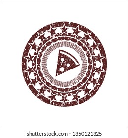 Red pizza slice icon inside distressed rubber stamp with grunge texture