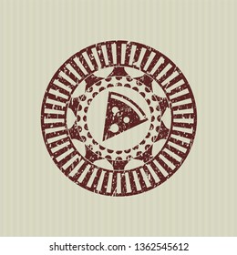 Red pizza slice icon inside distressed rubber stamp with grunge texture