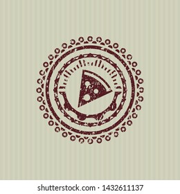 Red pizza slice icon inside distress with rubber seal texture