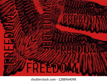 Red placard with drawing flying birds and slogan: Freedom. Revolution banner. To be used for print t shirt and fabric design.