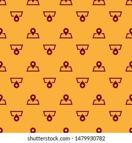 Red Placeholder on map paper in perspective icon isolated seamless pattern on brown background.  Vector Illustration