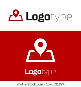Red Placeholder on map paper in perspective icon isolated on white background. Logo design template element. Vector Illustration