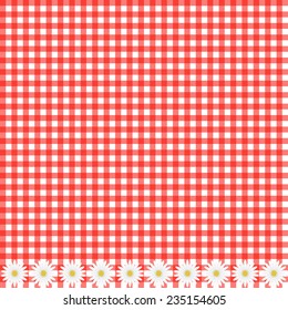 Red plaid background with daisy flowers, vector image