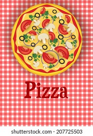 Red plaid background template with pizza