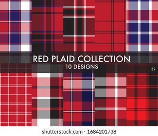 Red Plaid, checkered, tartan pattern collection includes 10 designs suitable for fashion textiles and graphics