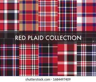 Red Plaid, checkered, tartan seamless pattern collection includes 10 designs suitable for fashion textiles and graphics