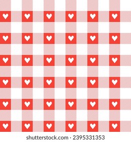 Red plaid pattern with heart background. plaid pattern background. plaid background. Seamless pattern. for backdrop, decoration, gift wrapping, gingham tablecloth, blanket, tartan.