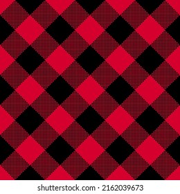 Red Plaid seamless patten. Vector checkered red and black plaid textured background. Traditional diagonal fabric print. Christmas Buffalo Flannel plaid texture for fashion, print, design