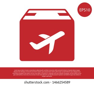 Red Plane and cardboard box icon isolated on white background. Delivery, transportation. Cargo delivery by air. Airplane with parcels, boxes.  Vector Illustration