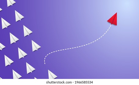 Red plane changes direction, leadership. Individual and unique leader red paper plane flies to the side. New idea, change, courage, innovation concept, new thinking with airplane, creative decision.
