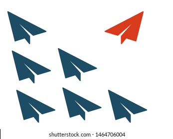 Red plane changes direction. New idea, trend, change, courage, innovation and unique concept of the path, new thinking with airplane, creative decision – stock vector