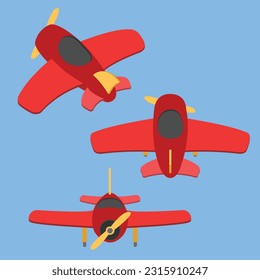 Red Plane Exterior Side Design Small Illustrated 3 Angles Yellow Fan Cartoon Animation Project Artwork Full Body Prop Vector
