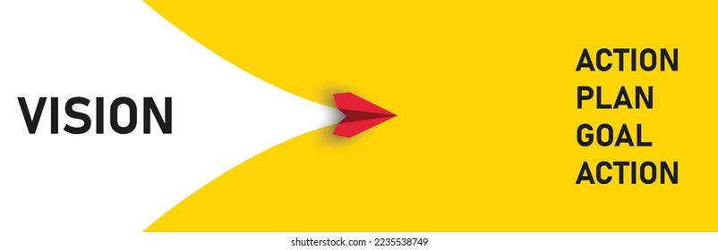 red plane flies by completing Vision plan, Goal action, strategy missions. Project tracking, goal tracking, task completion purpose, idea concept.