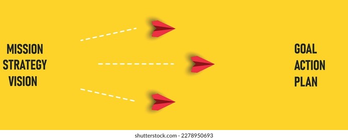 red plane flies from strategy,mission vision to plan, Goal action, completing strategy missions. Project tracking, goal tracking, task completion purpose, idea concept.